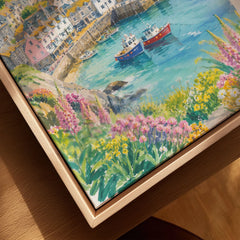 Cornwall harbour, fishing boats and lighthouse watercolour art print framed canvas with float frame, close-up