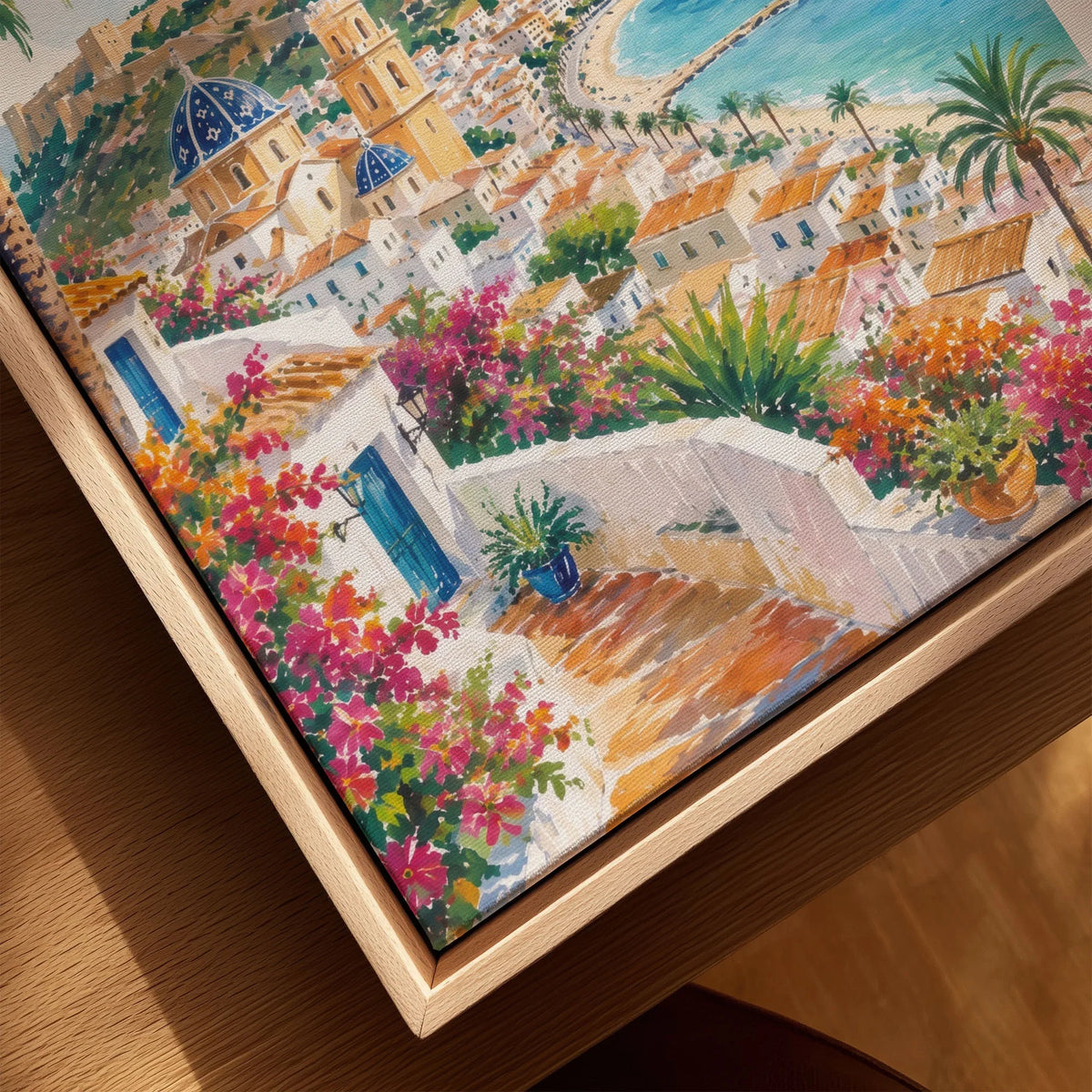 Costa Blanca Altea blue-domed church and coast watercolour art print framed canvas with float frame, close-up
