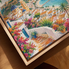 Costa Blanca Altea blue-domed church and coast watercolour art print framed canvas with float frame, close-up