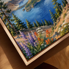 Crater Lake National Park Wizard Island in the deep blue lake watercolour art print framed canvas with float frame, close-up