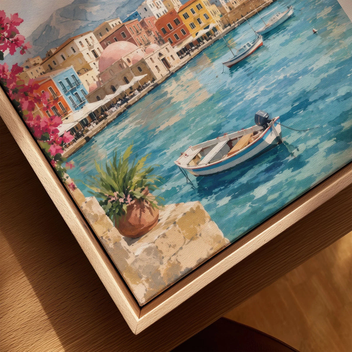 Crete Chania Venetian harbour and lighthouse watercolour art print framed canvas with float frame, close-up