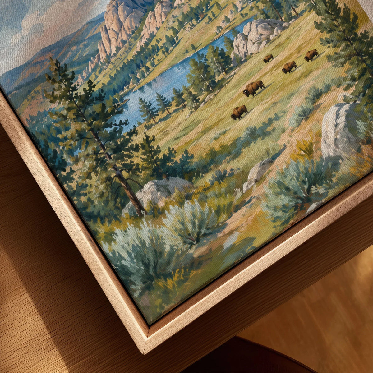 Custer State Park bison grazing below the Black Hills watercolour art print framed canvas with float frame, close-up