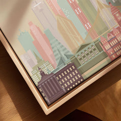 Dallas city skyline art print, framed canvas with float frame, close-up