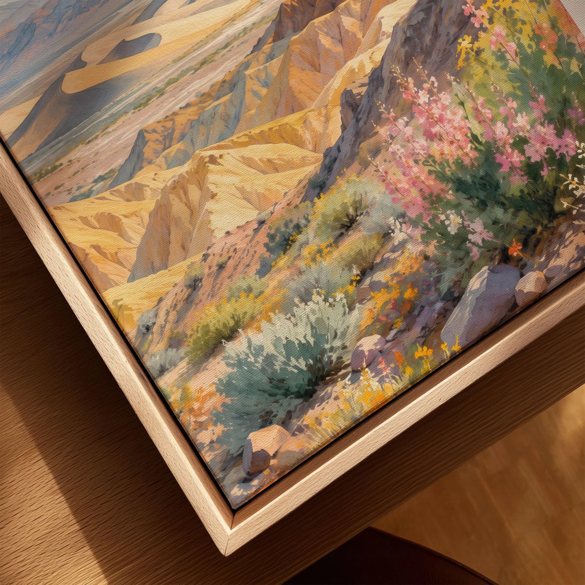 Death Valley National Park sand dunes and golden hills watercolour art print framed canvas with float frame, close-up