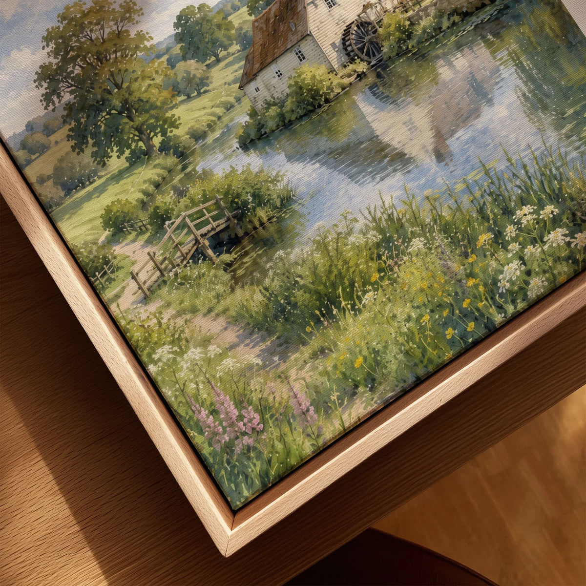 Dedham Vale watermill on the river watercolour art print framed canvas with float frame, close-up