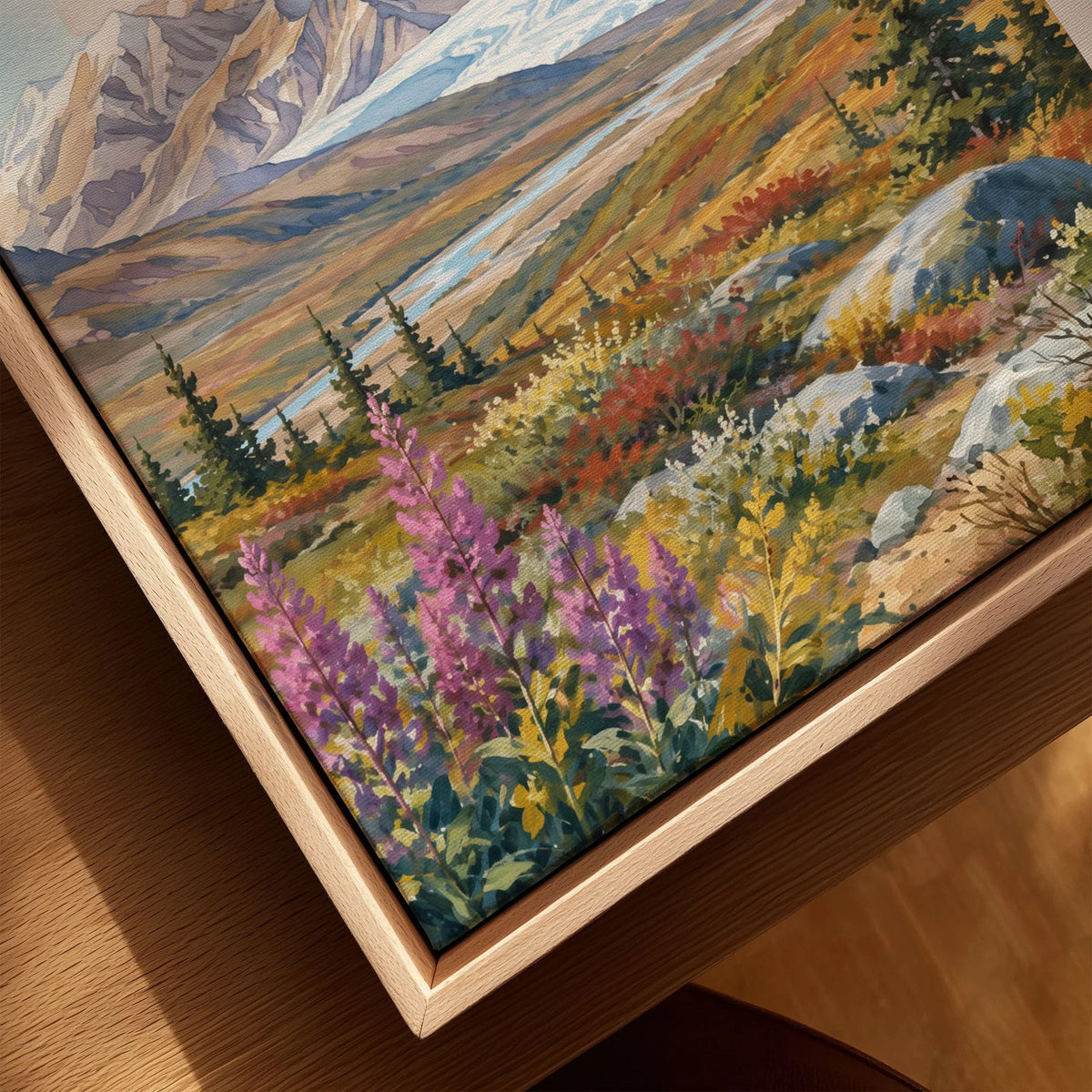 Denali National Park snow-capped Denali peak watercolour art print framed canvas with float frame, close-up