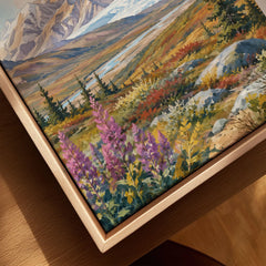 Denali National Park snow-capped Denali peak watercolour art print framed canvas with float frame, close-up