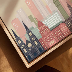 Denver city skyline art print, framed canvas with float frame, close-up