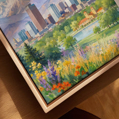 Denver skyline and Rocky Mountains watercolour art print framed canvas with float frame, close-up