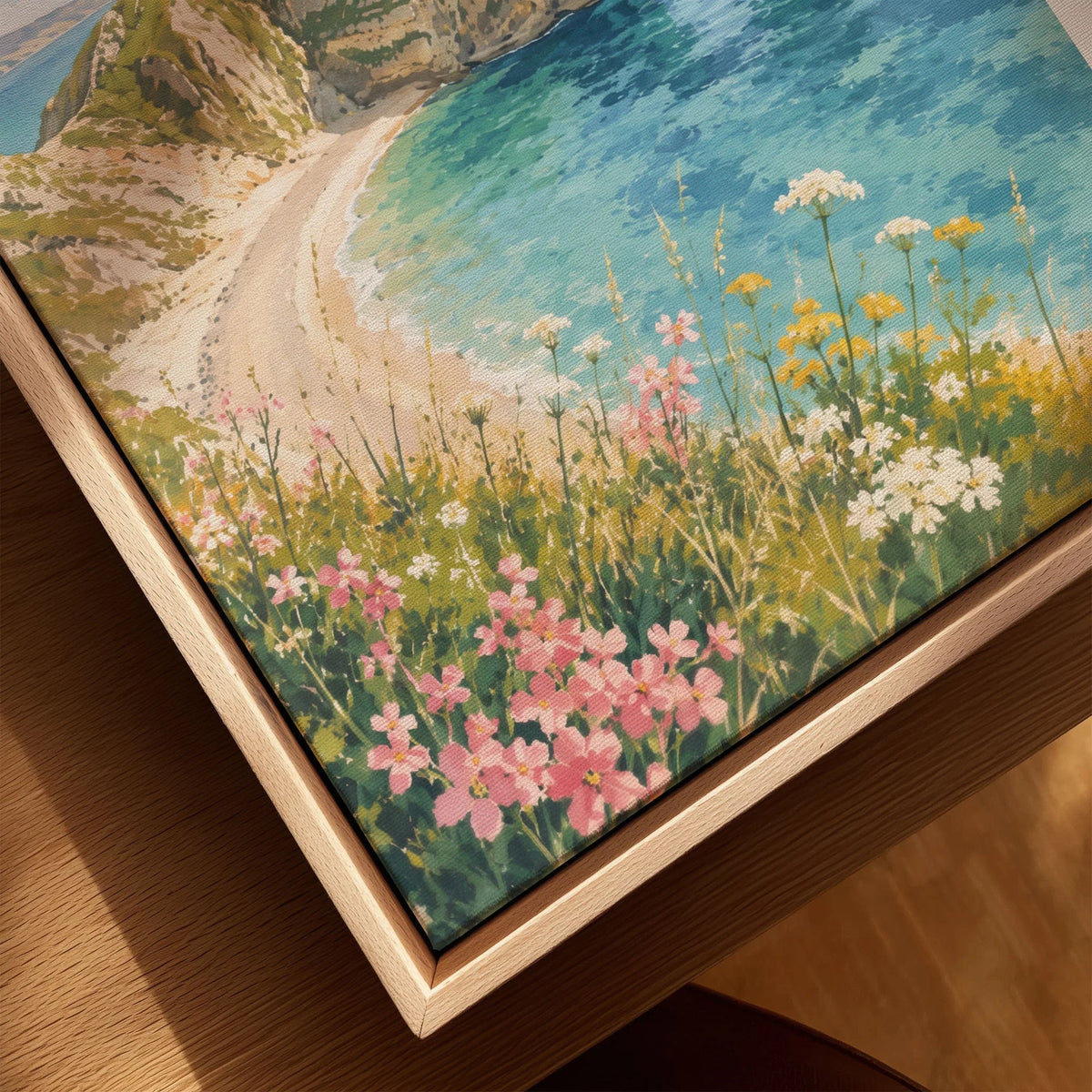 Dorset Durdle Door arch and beach watercolour art print framed canvas with float frame, close-up