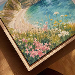 Dorset Durdle Door arch and beach watercolour art print framed canvas with float frame, close-up