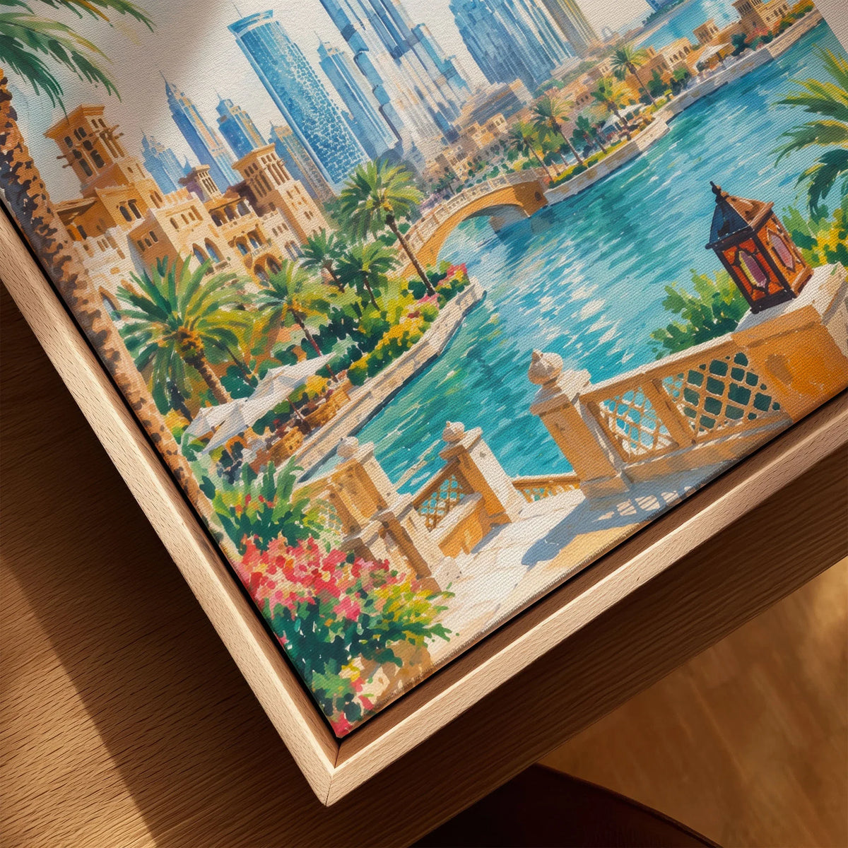Dubai Burj Khalifa skyline watercolour art print framed canvas with float frame, close-up