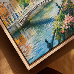 Dublin Ha'penny Bridge on the Liffey watercolour art print framed canvas with float frame, close-up