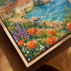 Dubrovnik old town walls and sea watercolour art print framed canvas with float frame, close-up