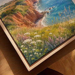 East Devon red sandstone cliffs watercolour art print framed canvas with float frame, close-up