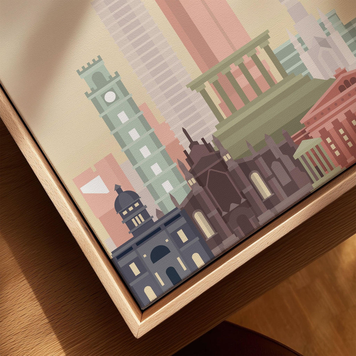 Edinburgh city skyline art print, framed canvas with float frame, close-up