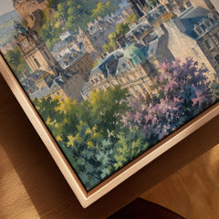 Edinburgh castle and Scott Monument watercolour art print framed canvas with float frame, close-up