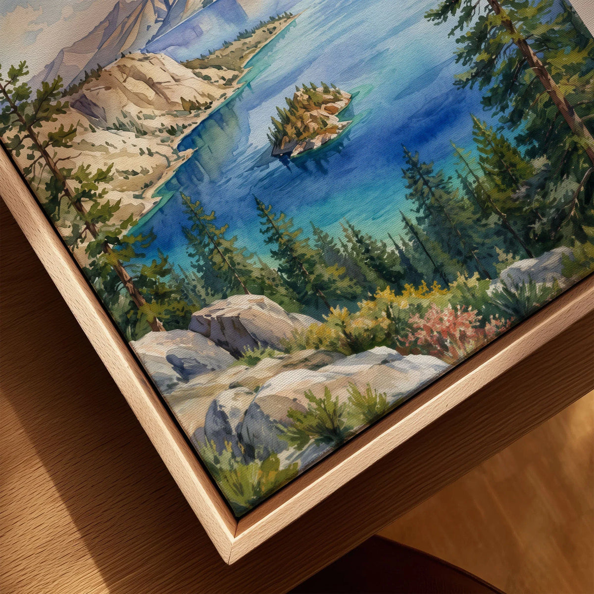 Emerald Bay State Park Fannette Island in Emerald Bay watercolour art print framed canvas with float frame, close-up