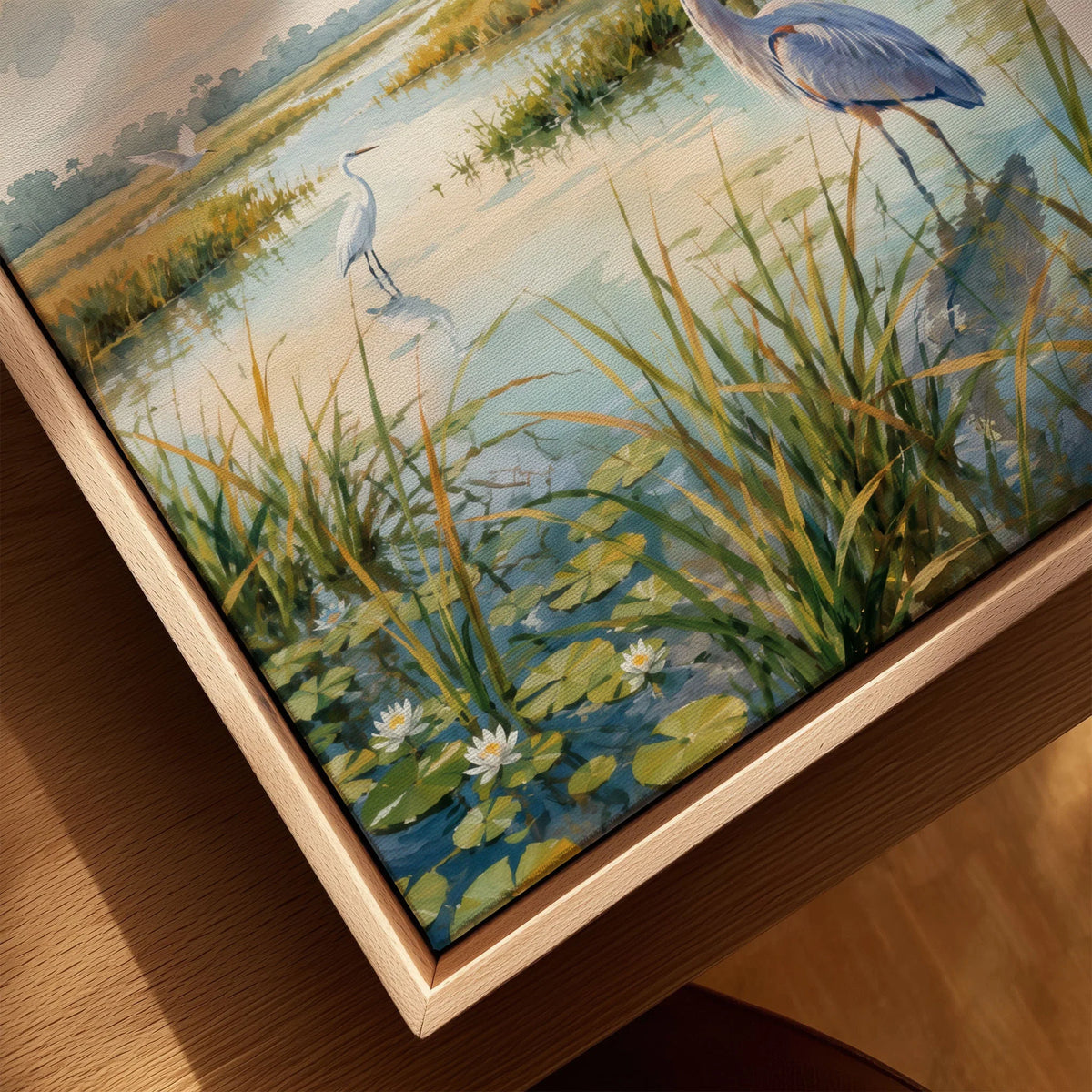 Everglades National Park herons in the wetlands watercolour art print framed canvas with float frame, close-up