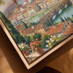 Florence Duomo and Ponte Vecchio watercolour art print framed canvas with float frame, close-up