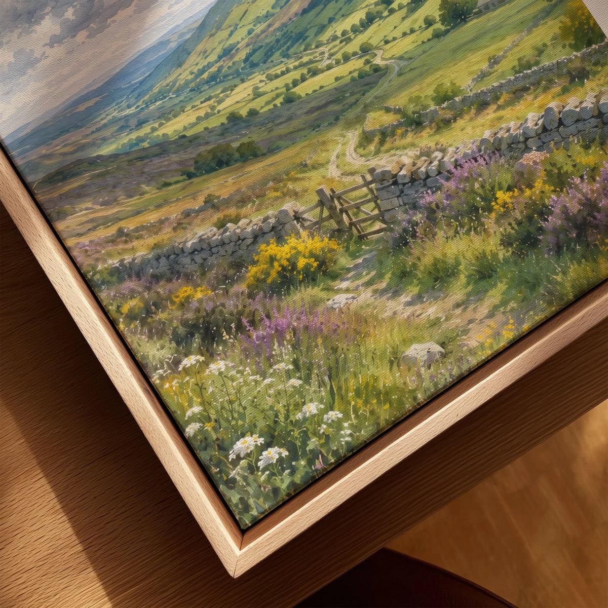 Forest of Bowland moorland valley and stone wall watercolour art print framed canvas with float frame, close-up