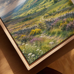 Forest of Bowland moorland valley and stone wall watercolour art print framed canvas with float frame, close-up