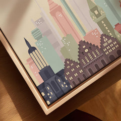 Frankfurt city skyline art print, framed canvas with float frame, close-up