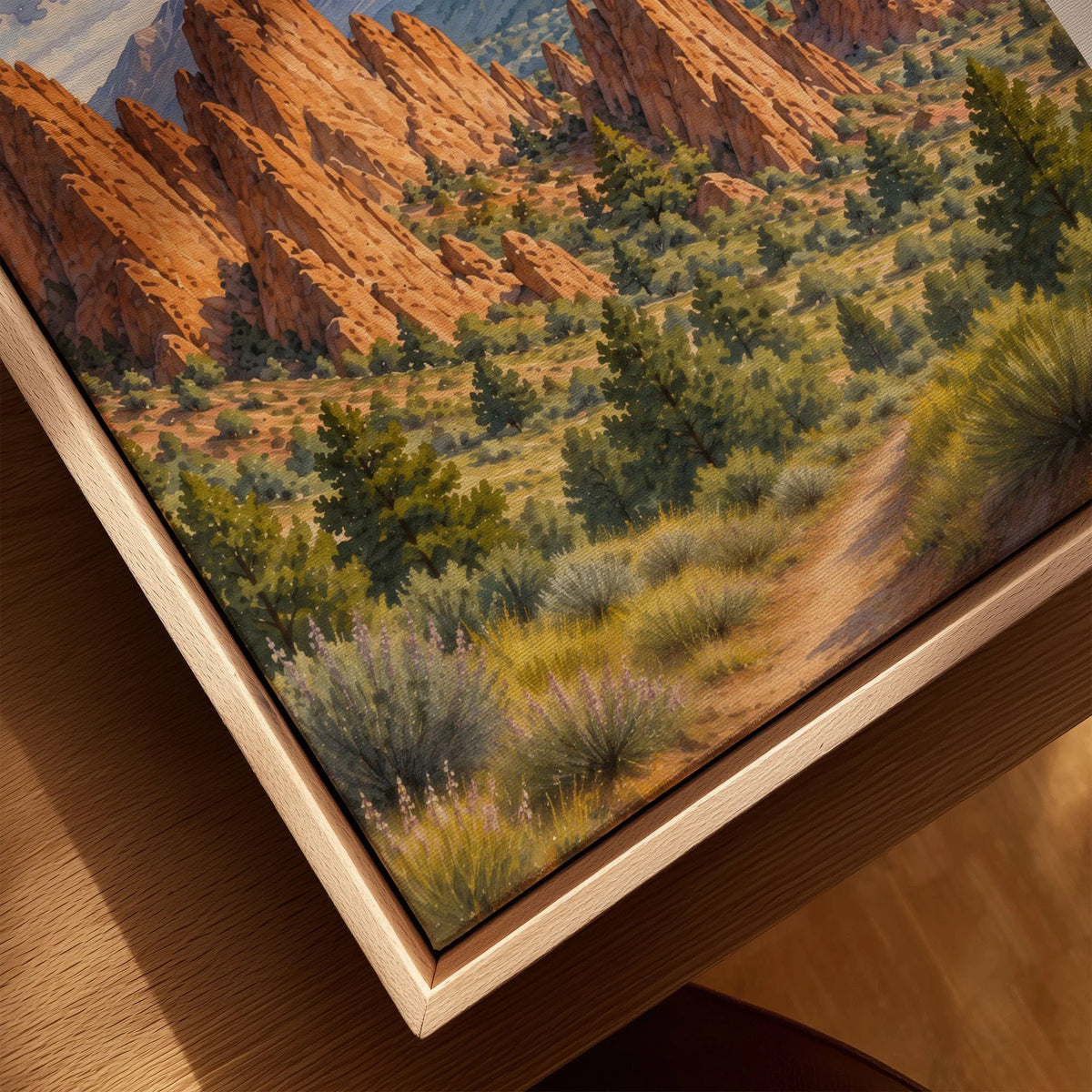 Garden of the Gods red rocks and Pikes Peak watercolour art print framed canvas with float frame, close-up