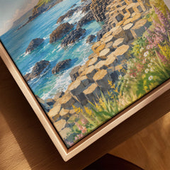 Giant's Causeway basalt columns watercolour art print framed canvas with float frame, close-up