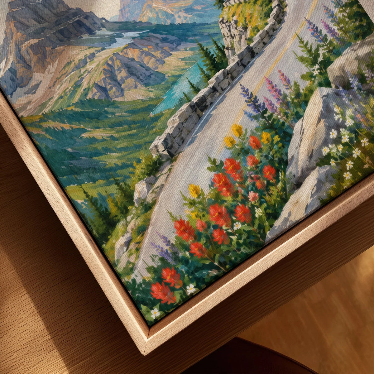 Glacier National Park Going-to-the-Sun Road watercolour art print framed canvas with float frame, close-up
