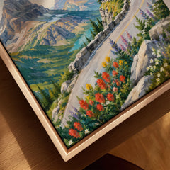 Glacier National Park Going-to-the-Sun Road watercolour art print framed canvas with float frame, close-up
