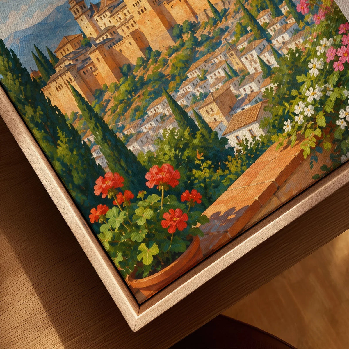 Granada Alhambra palace watercolour art print framed canvas with float frame, close-up