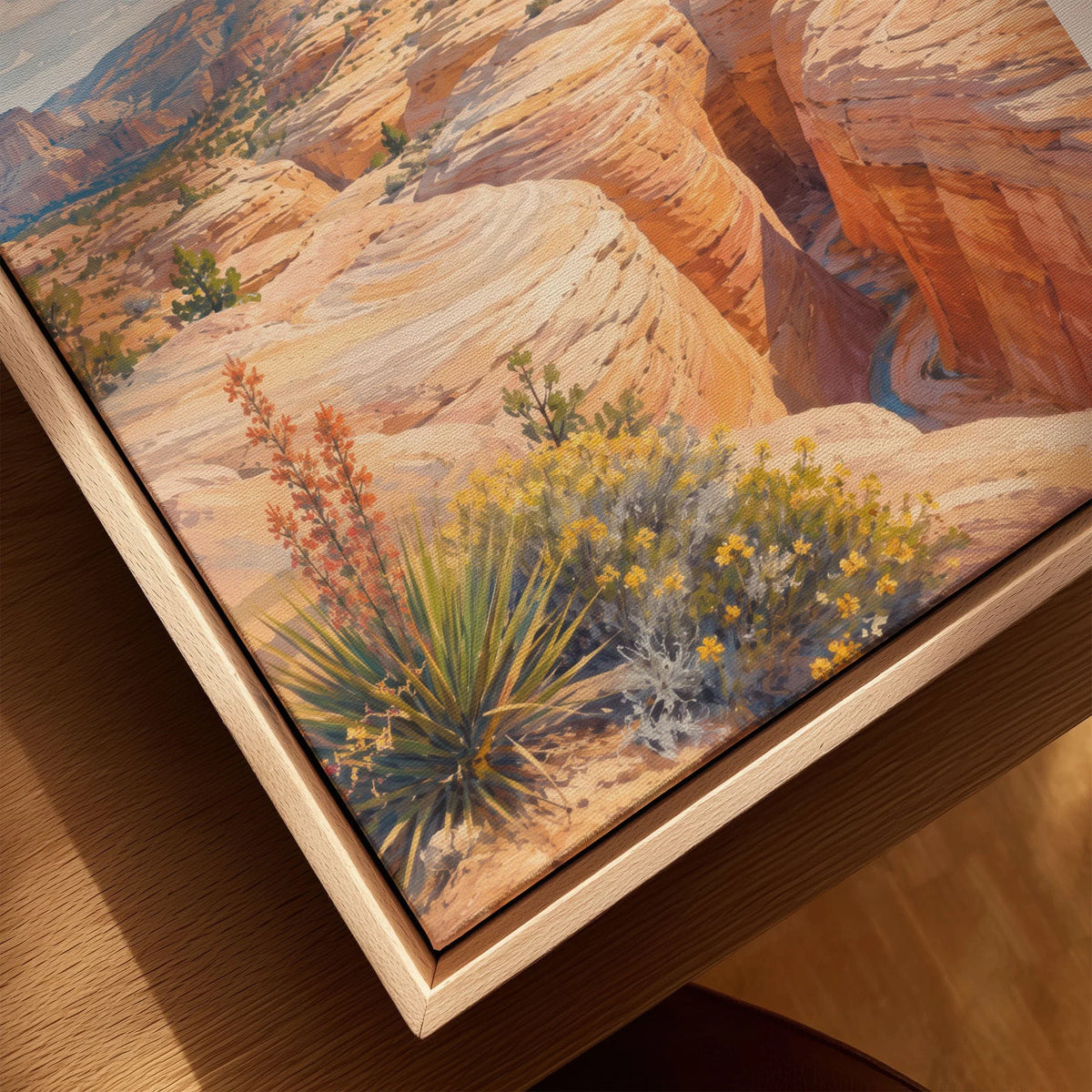 Grand Staircase-Escalante slot canyon and mesa watercolour art print framed canvas with float frame, close-up
