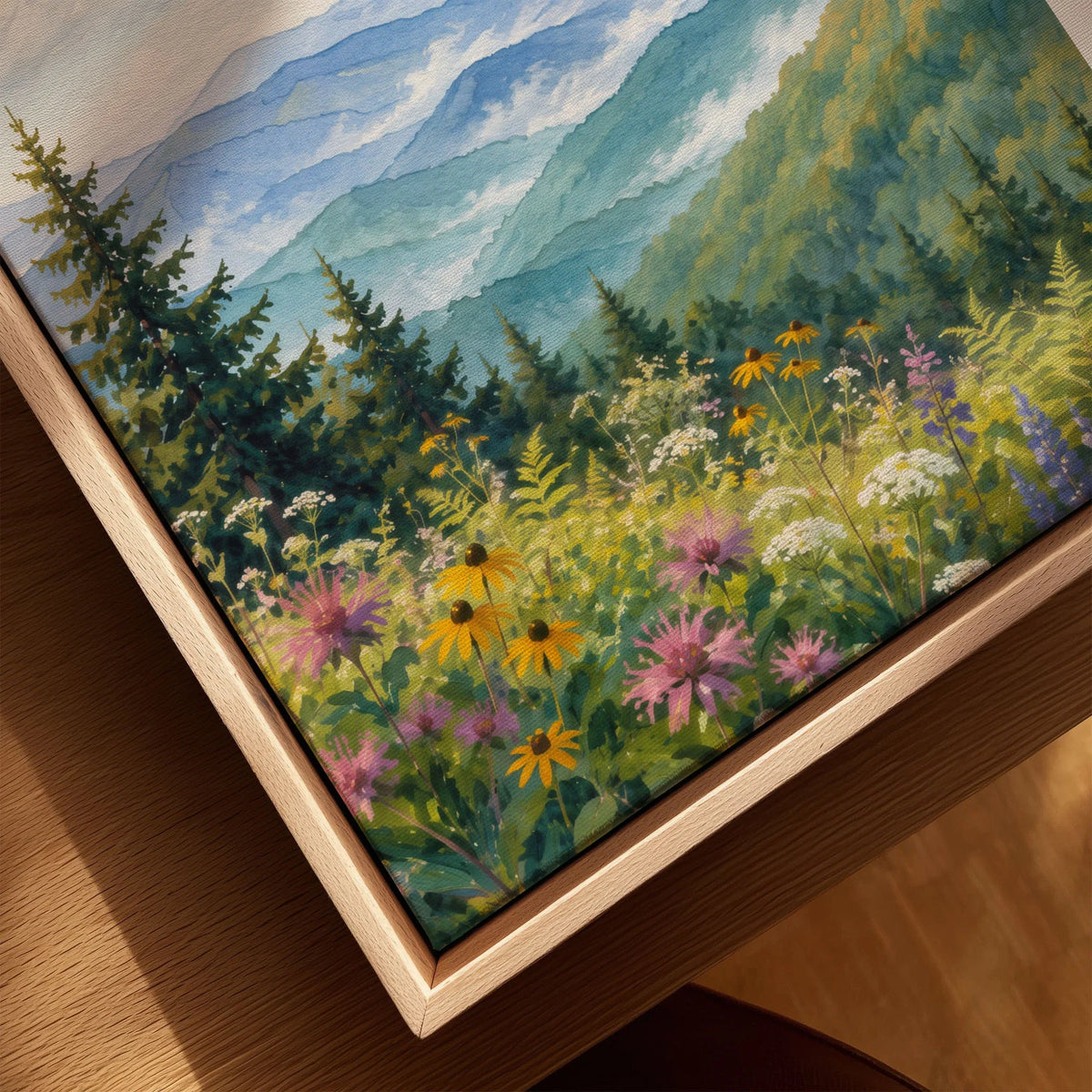 Great Smoky Mountains misty blue ridges watercolour art print framed canvas with float frame, close-up