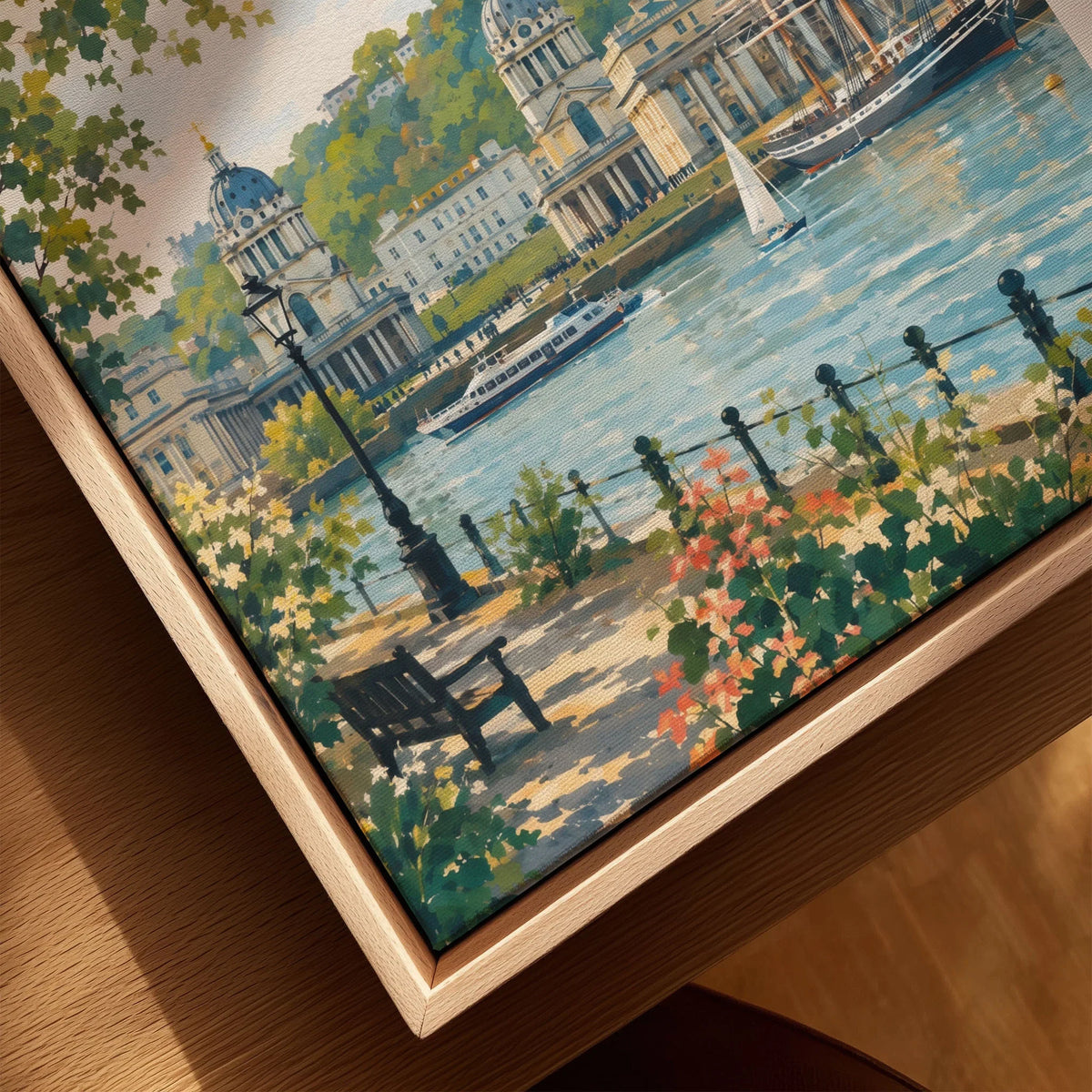 Greenwich Old Royal Naval College and Thames watercolour art print framed canvas with float frame, close-up
