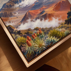 Haleakalā National Park summit crater above the clouds watercolour art print framed canvas with float frame, close-up