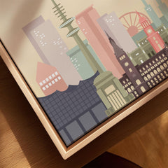 Hamburg city skyline art print, framed canvas with float frame, close-up