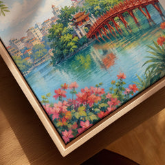 Hanoi red Huc Bridge on Hoan Kiem Lake watercolour art print framed canvas with float frame, close-up