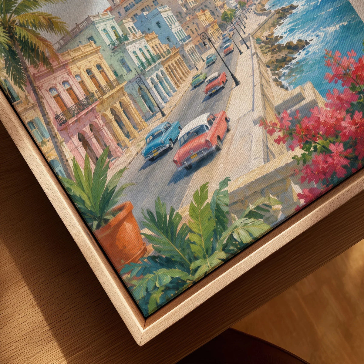 Havana Malecón seafront and classic cars watercolour art print framed canvas with float frame, close-up