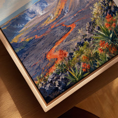 Hawaii Volcanoes National Park lava flow and steaming crater watercolour art print framed canvas with float frame, close-up