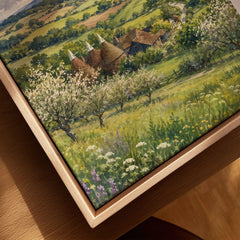 High Weald oast houses and orchard blossom watercolour art print framed canvas with float frame, close-up