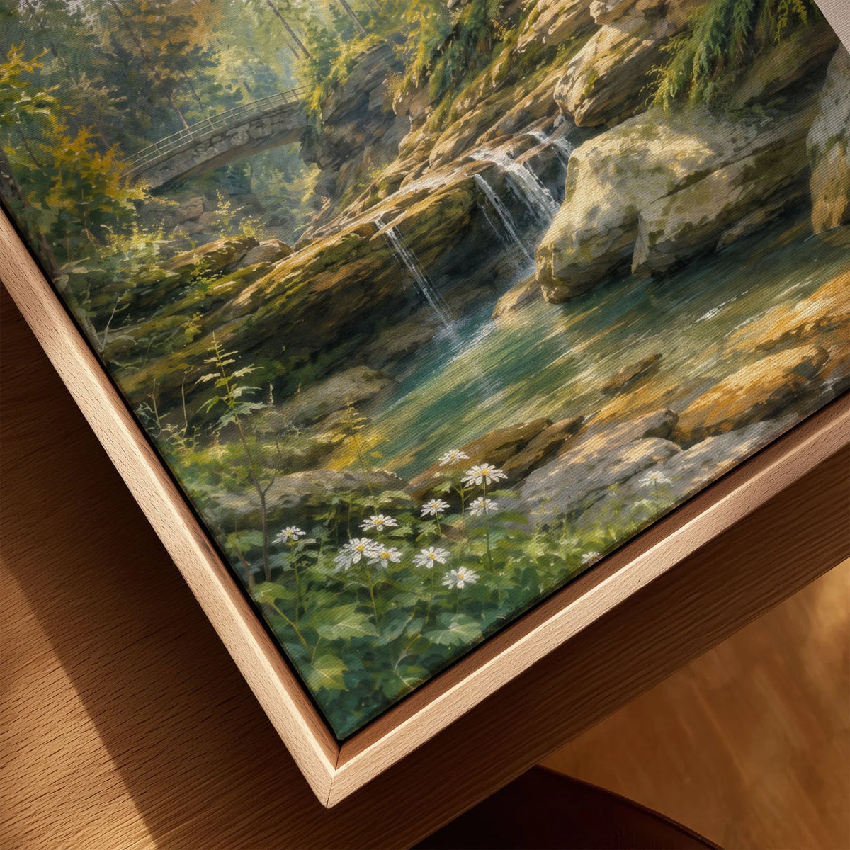 Hocking Hills State Park waterfall below sandstone cliffs watercolour art print framed canvas with float frame, close-up