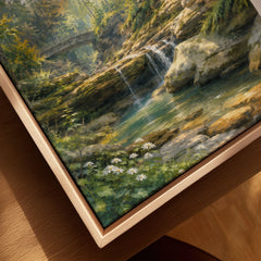 Hocking Hills State Park waterfall below sandstone cliffs watercolour art print framed canvas with float frame, close-up