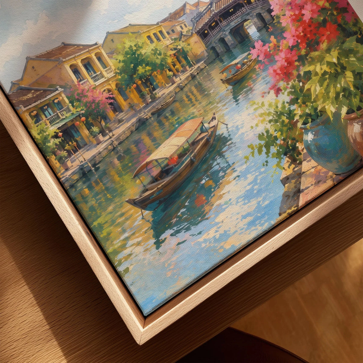 Hoi An lanterns and Japanese bridge watercolour art print framed canvas with float frame, close-up