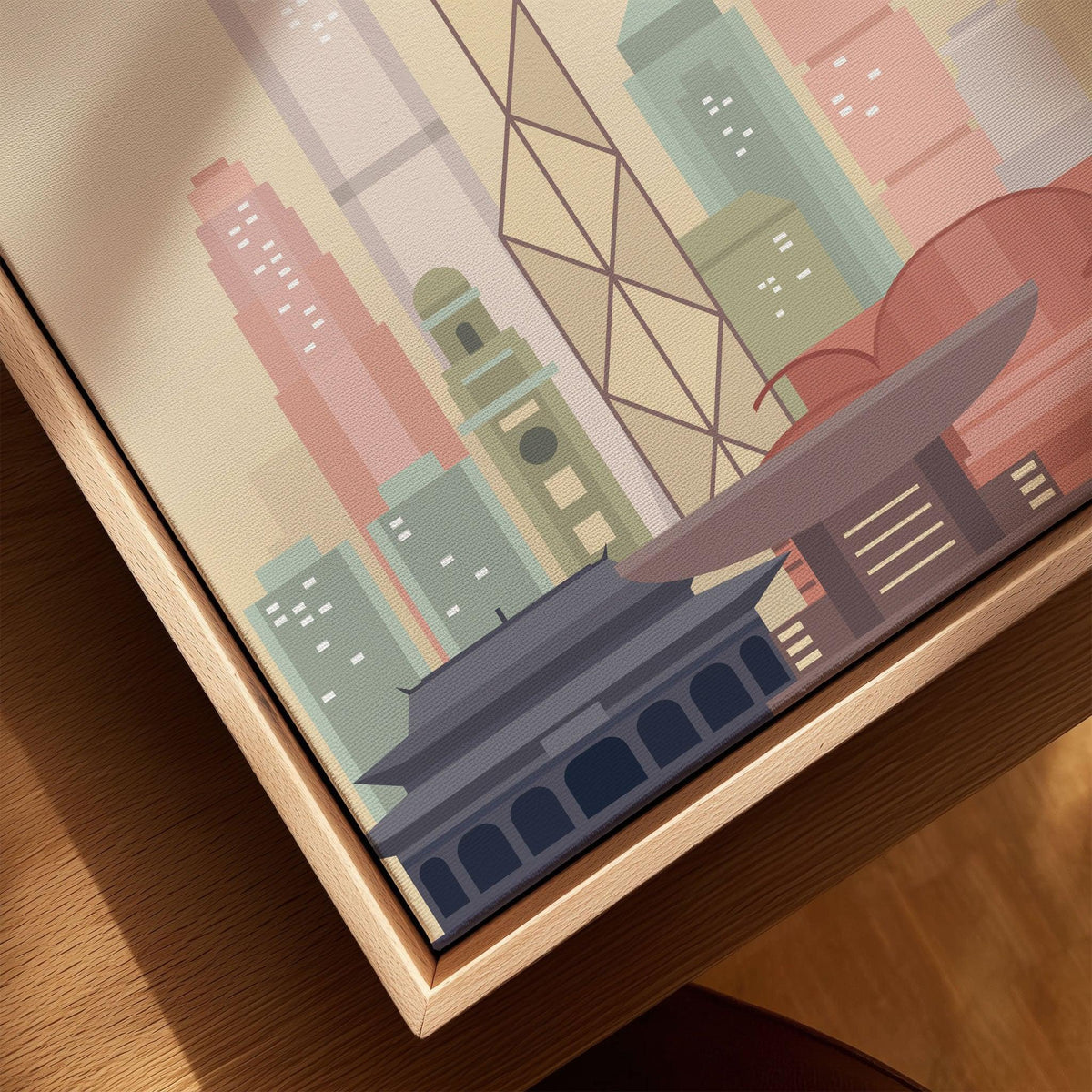 Hong Kong city skyline art print, framed canvas with float frame, close-up