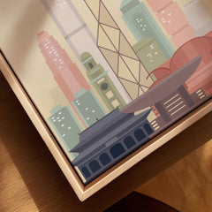 Hong Kong city skyline art print, framed canvas with float frame, close-up
