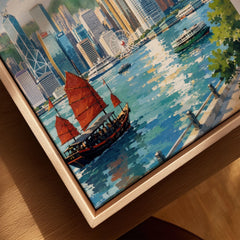 Hong Kong Victoria Harbour and junk boat watercolour art print framed canvas with float frame, close-up