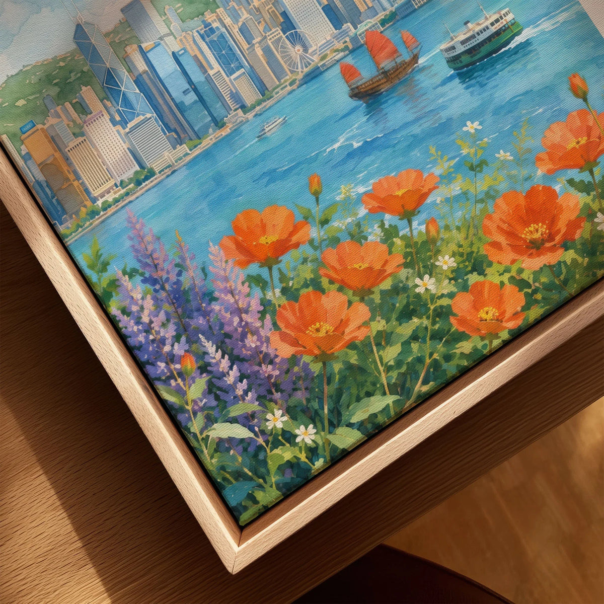 Hong Kong Victoria Harbour skyline with flowers watercolour art print framed canvas with float frame, close-up