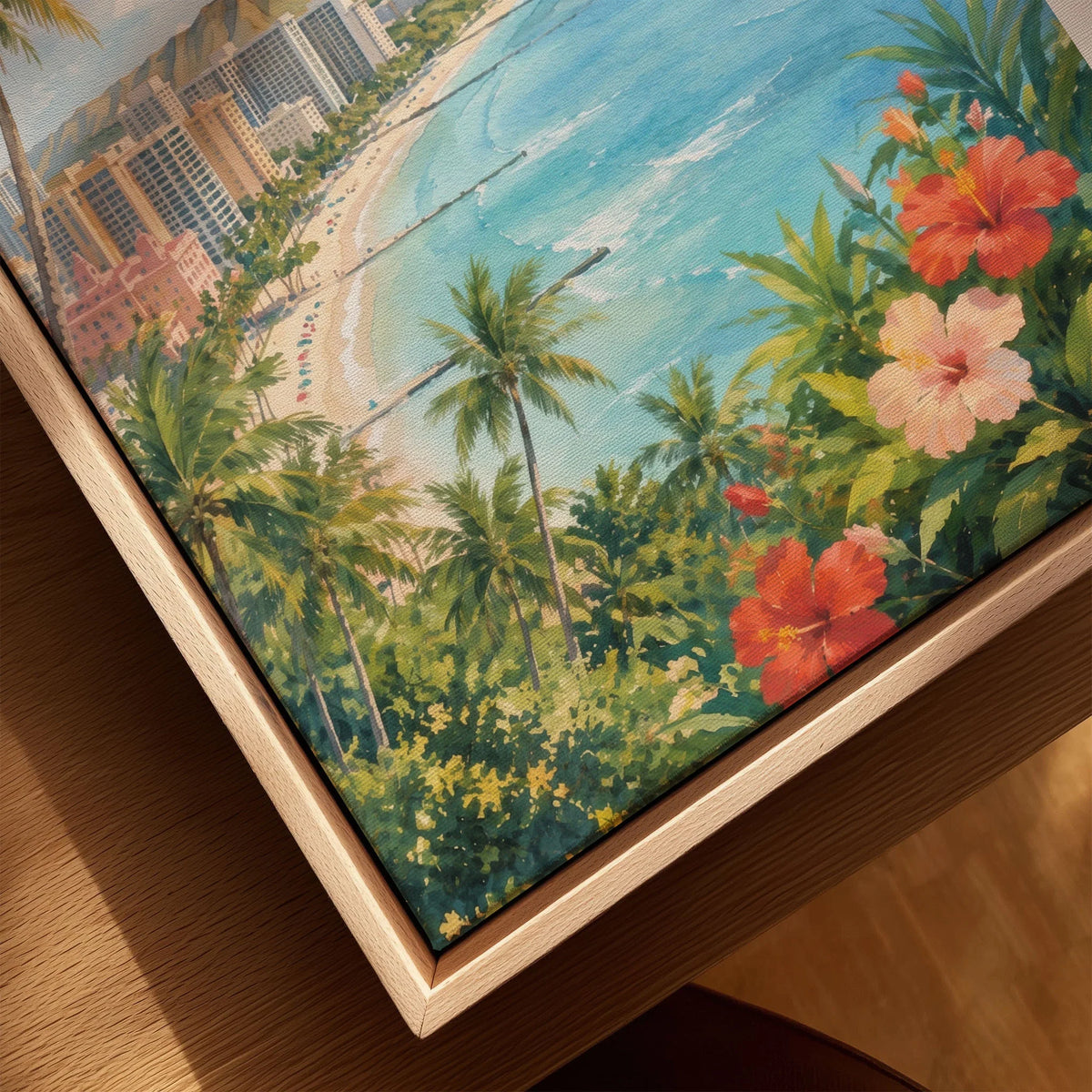 Honolulu Waikiki Beach and Diamond Head watercolour art print framed canvas with float frame, close-up