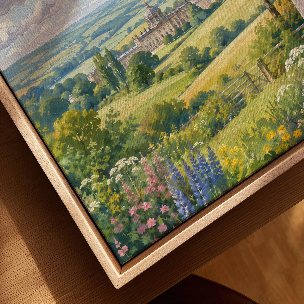 Howardian Hills Castle Howard parkland watercolour art print framed canvas with float frame, close-up